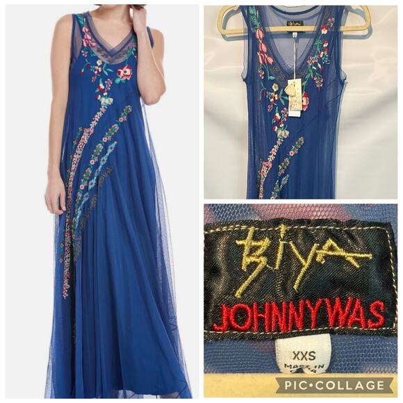 Johnny Was Biya Mazzy Bias Embroidered Floral Blue Mesh Maxi SLIP Dress XXS NWT - Picture 1 of 12